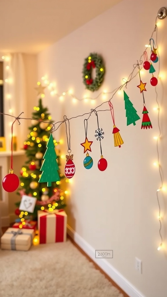 A colorful Christmas drawings garland with snowflakes and trees hanging on a wall, decorated with fairy lights.